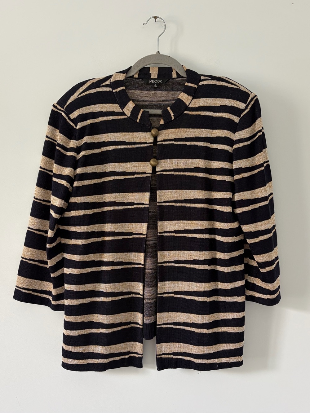 Vintage Misook Black Tan Gold Stripe Knit Double Button Wide Sleeve Sweater L